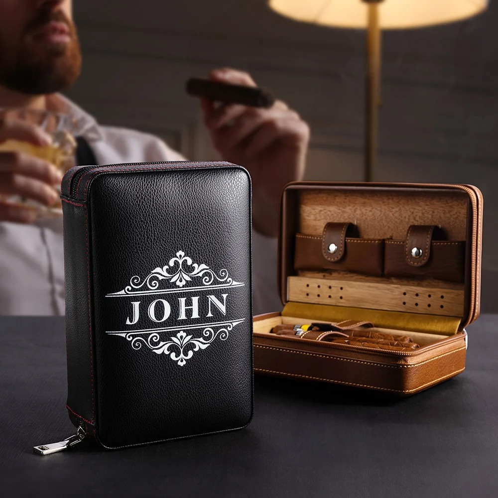 Personalized Monogram PU Leather Portable Cigar Humidor Case with Name and Date Birthday Wedding Gift for Men Cigar Enthusiasts Christmas Gift For Dad