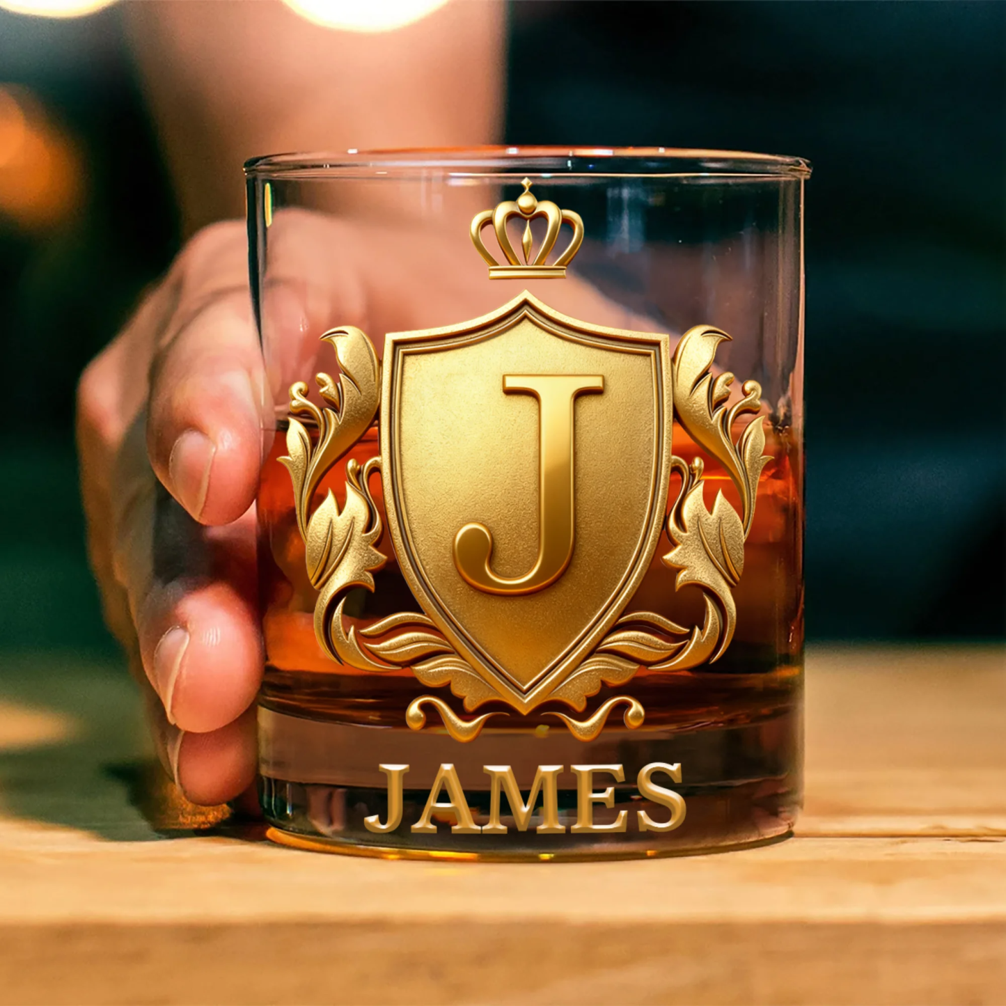 Personalized Golden 3D Badge Initial Name 10 oz Rock Whiskey Glass Old Fashioned Birthday Gift for Man Bartender Whiskey Enthusiast