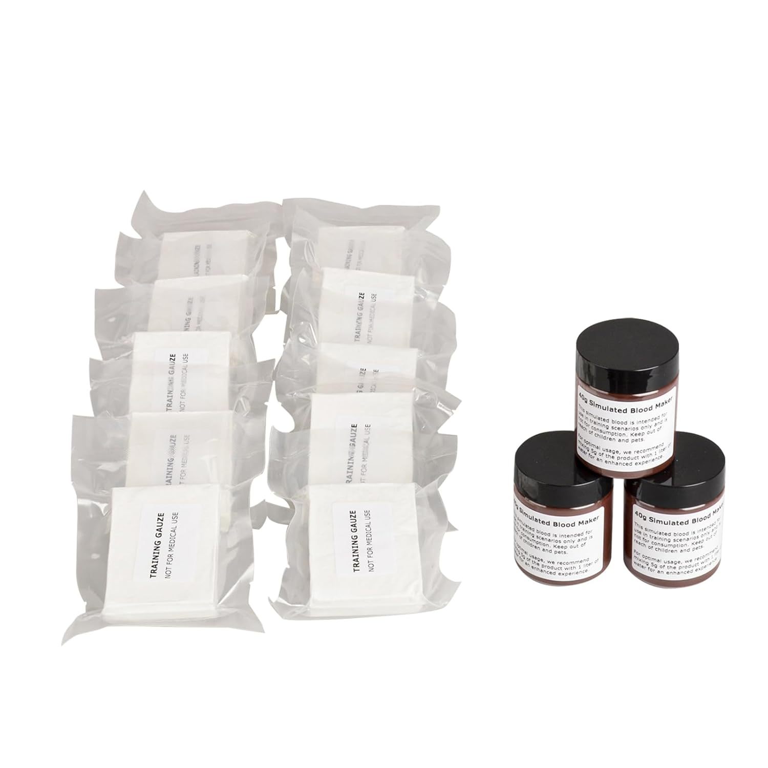 Simulated Blood Powder Kit with Compressed Gauze (3 × 40 g + 10 Packs)