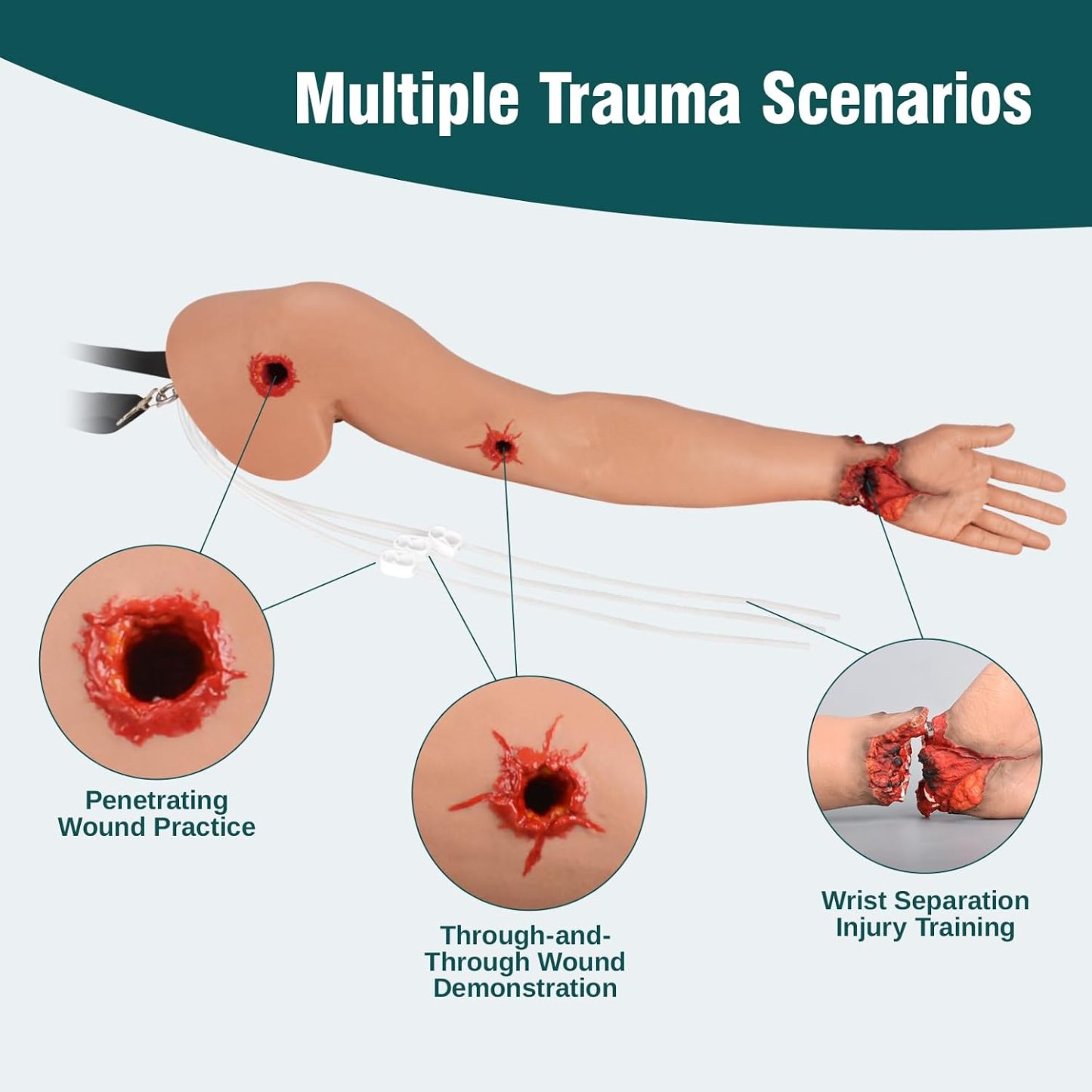 Wearable bleeding control arm simulator with multiple traumatic injuries