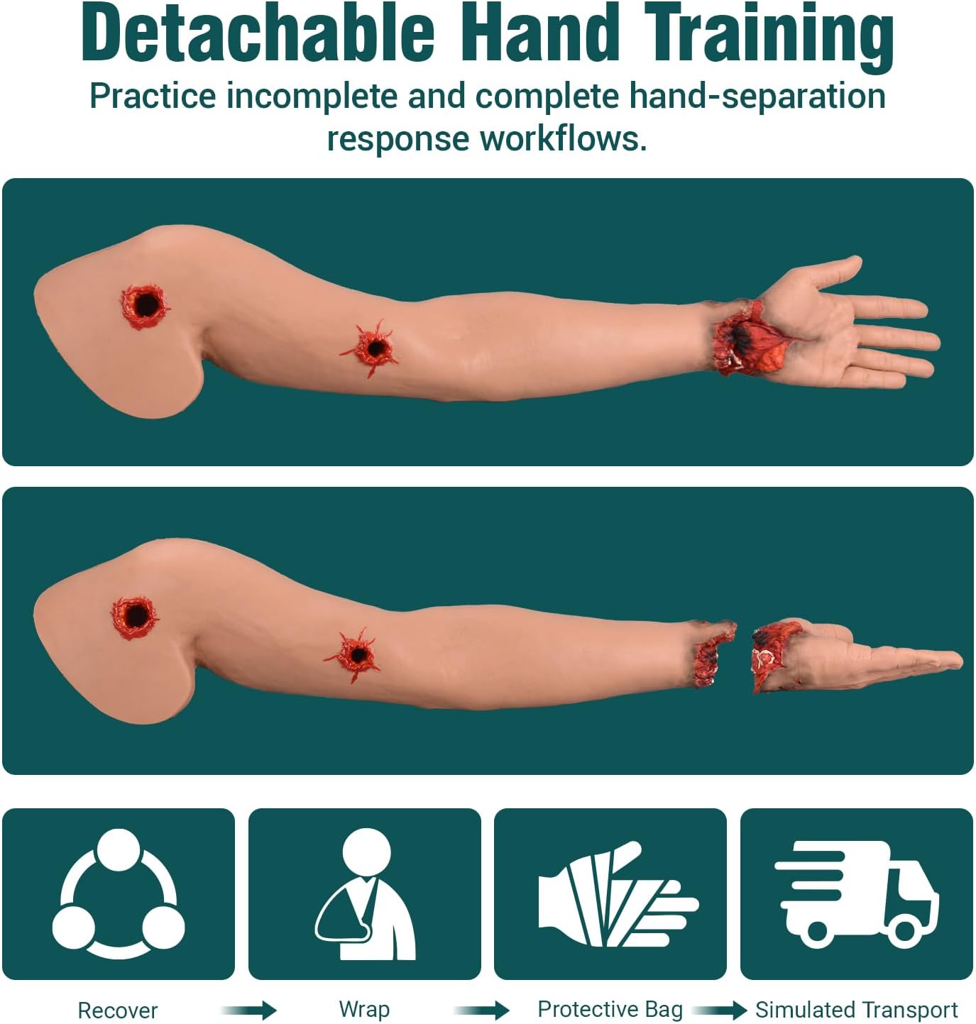 Arm simulator with detachable hand for amputation training