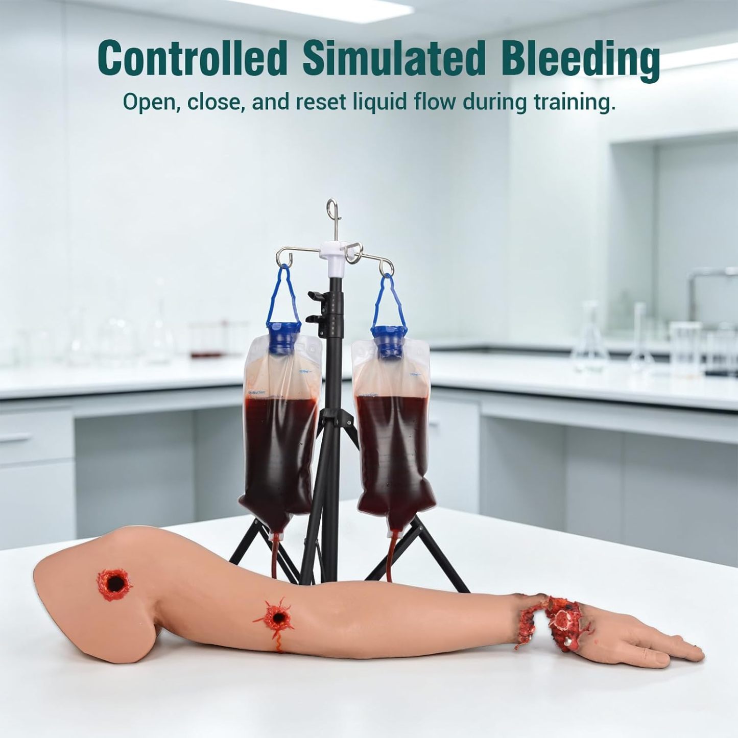 Bleeding control arm simulator with controllable simulated bleeding