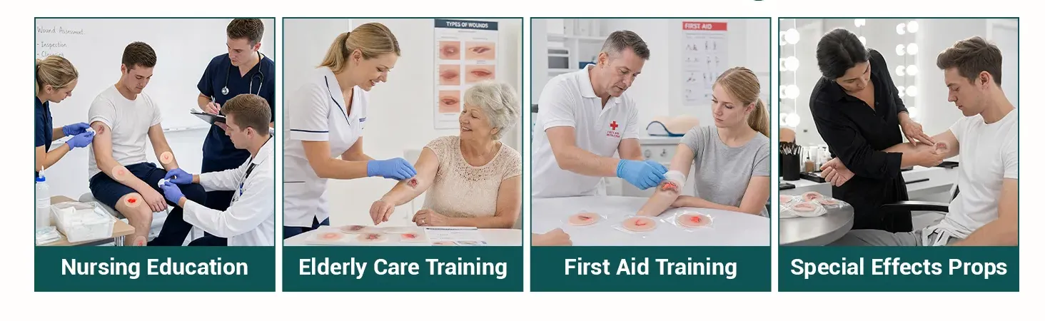 Kit de simulation de plaies par déchirure cutanée en silicone pour la formation en soins infirmiers.