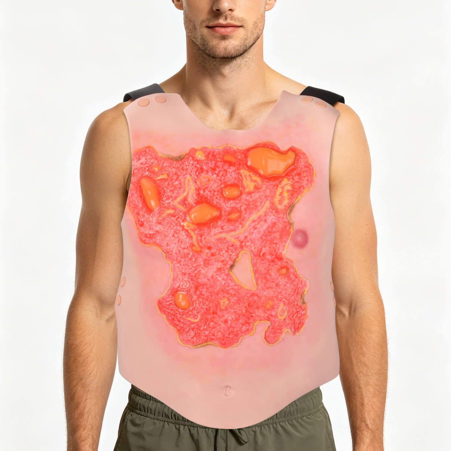 Wearable adult chest model with simulated large-area burn injury