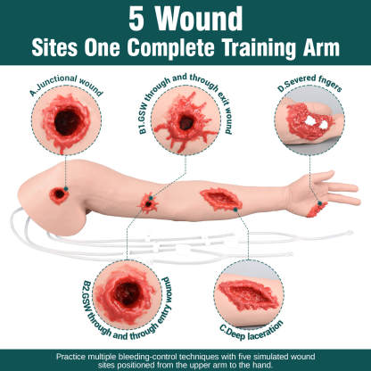 Wound packing arm trainer with multiple wounds
