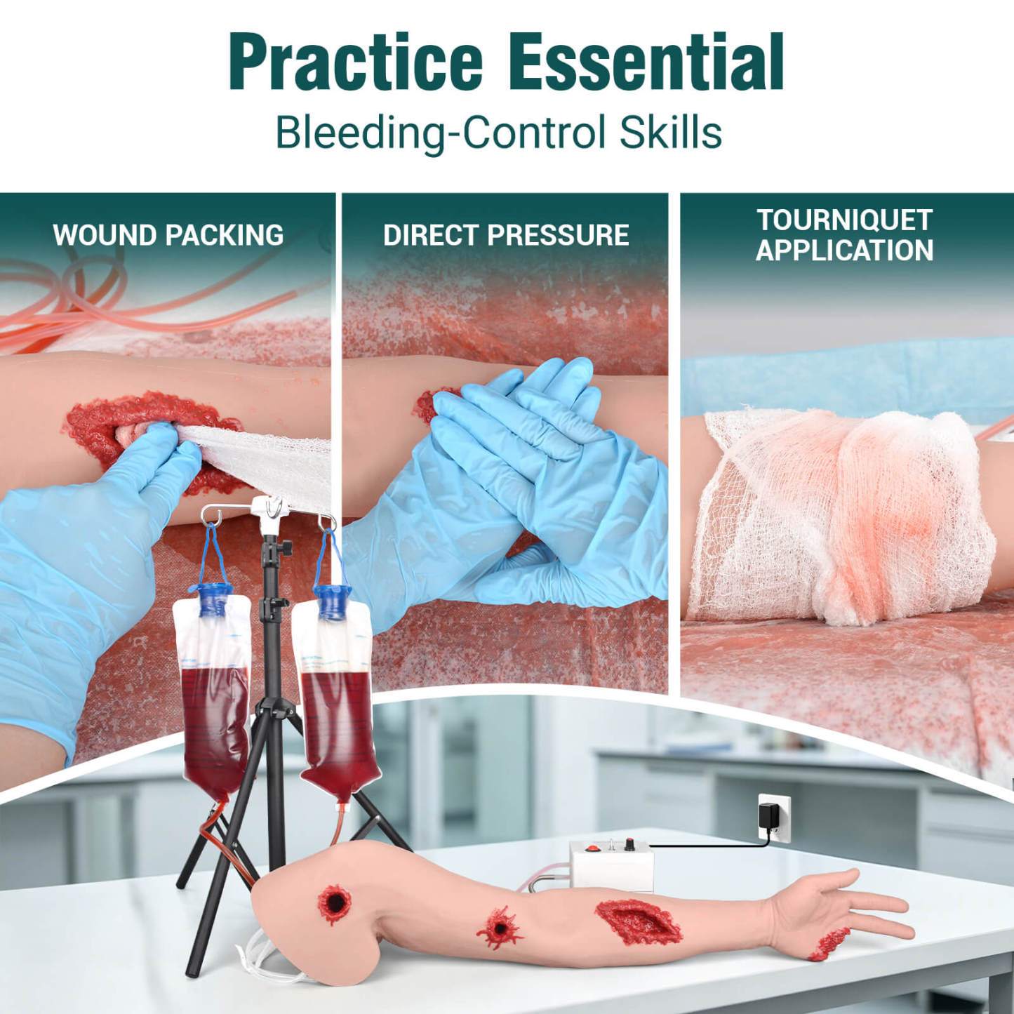 Multi-wound arm trainer for hemorrhage control training