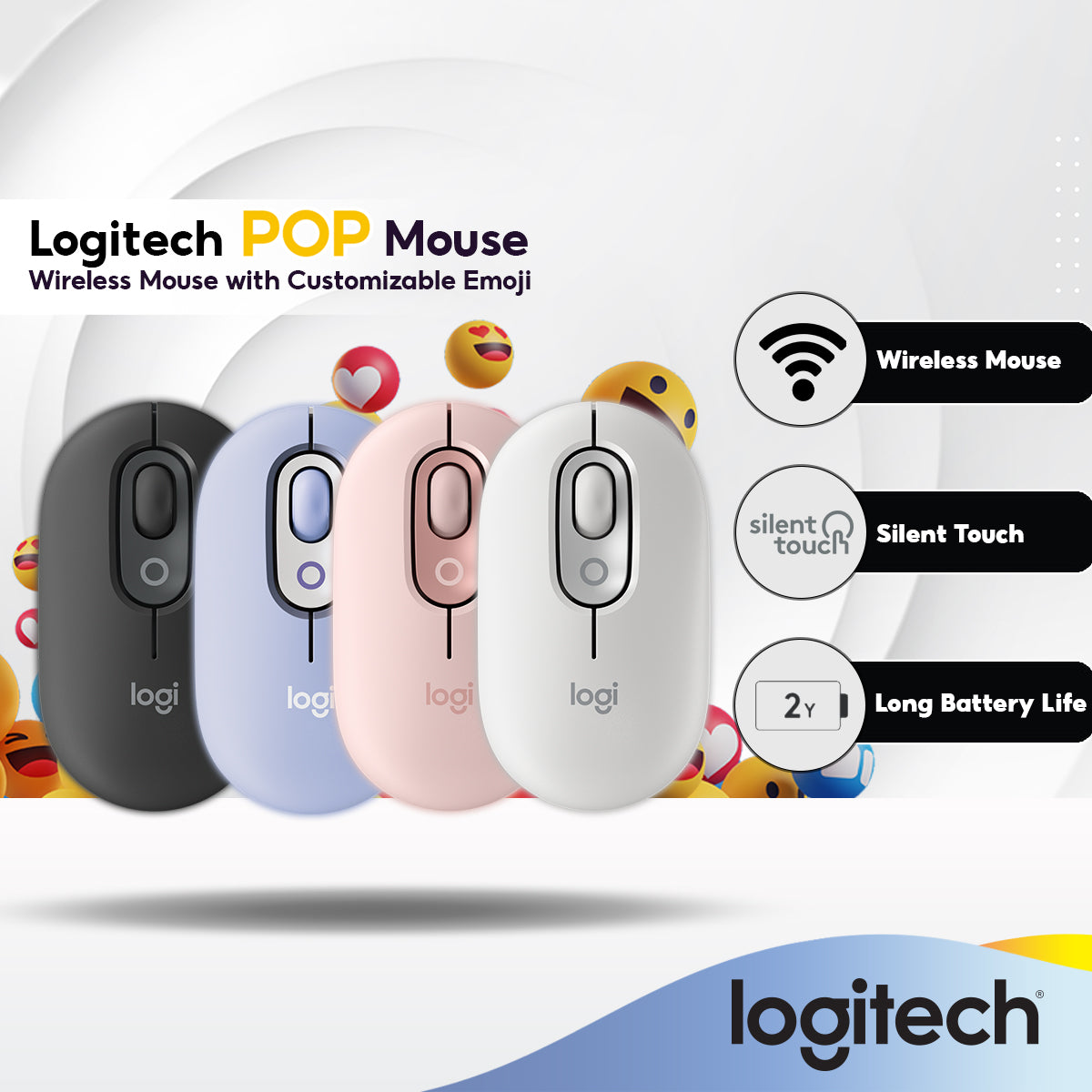 Logitech POP Mouse Wireless with Customizable Emojis | SilentTouch | Precision Scroll | Bluetooth | USB Multi-device