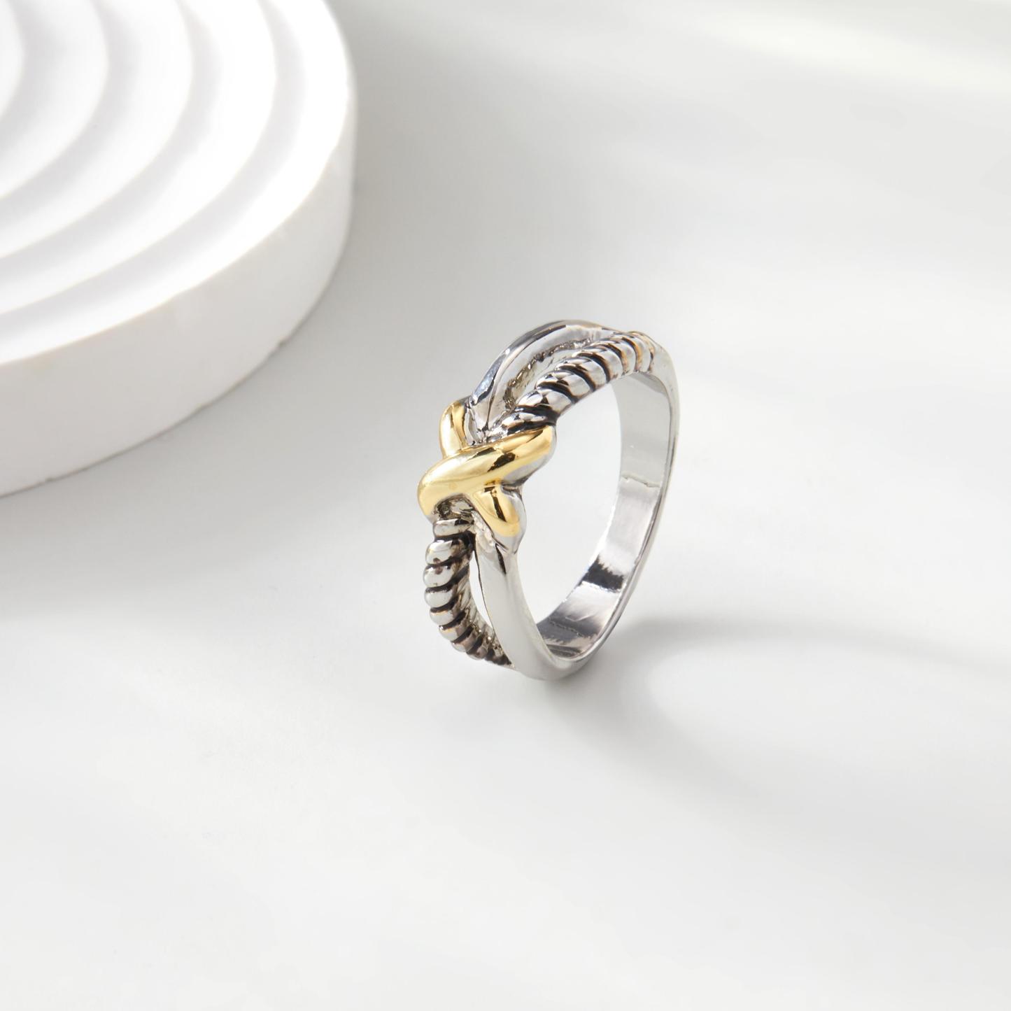 Women's X Two-tone Cross Braided Geometric Hypoallergenic Ring for Daily Wear