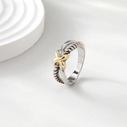 Women's X Two-tone Cross Braided Geometric Hypoallergenic Ring for Daily Wear