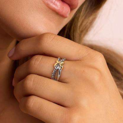 Women's X Two-tone Cross Braided Geometric Hypoallergenic Ring for Daily Wear