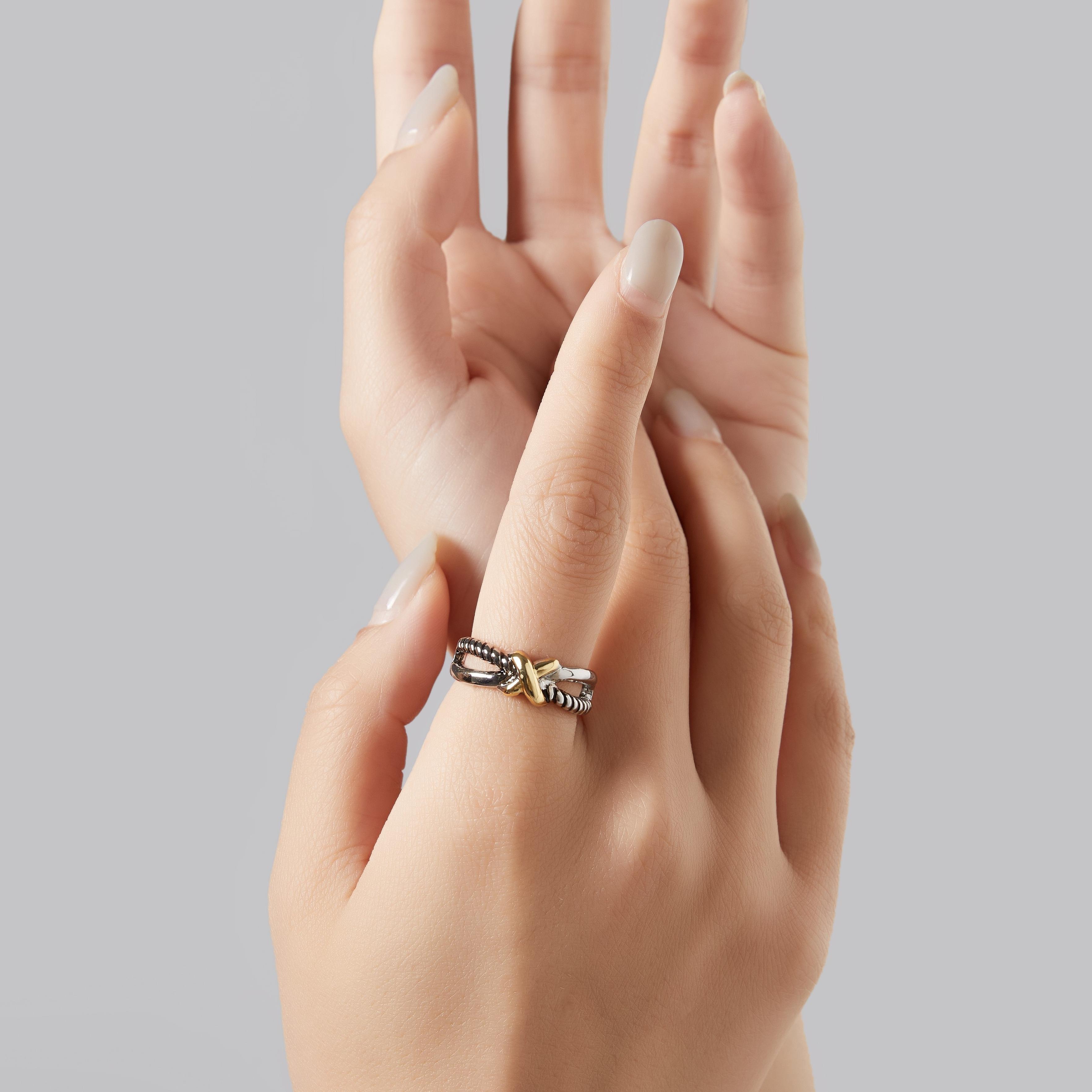 Women's X Two-tone Cross Braided Geometric Hypoallergenic Ring for Daily Wear