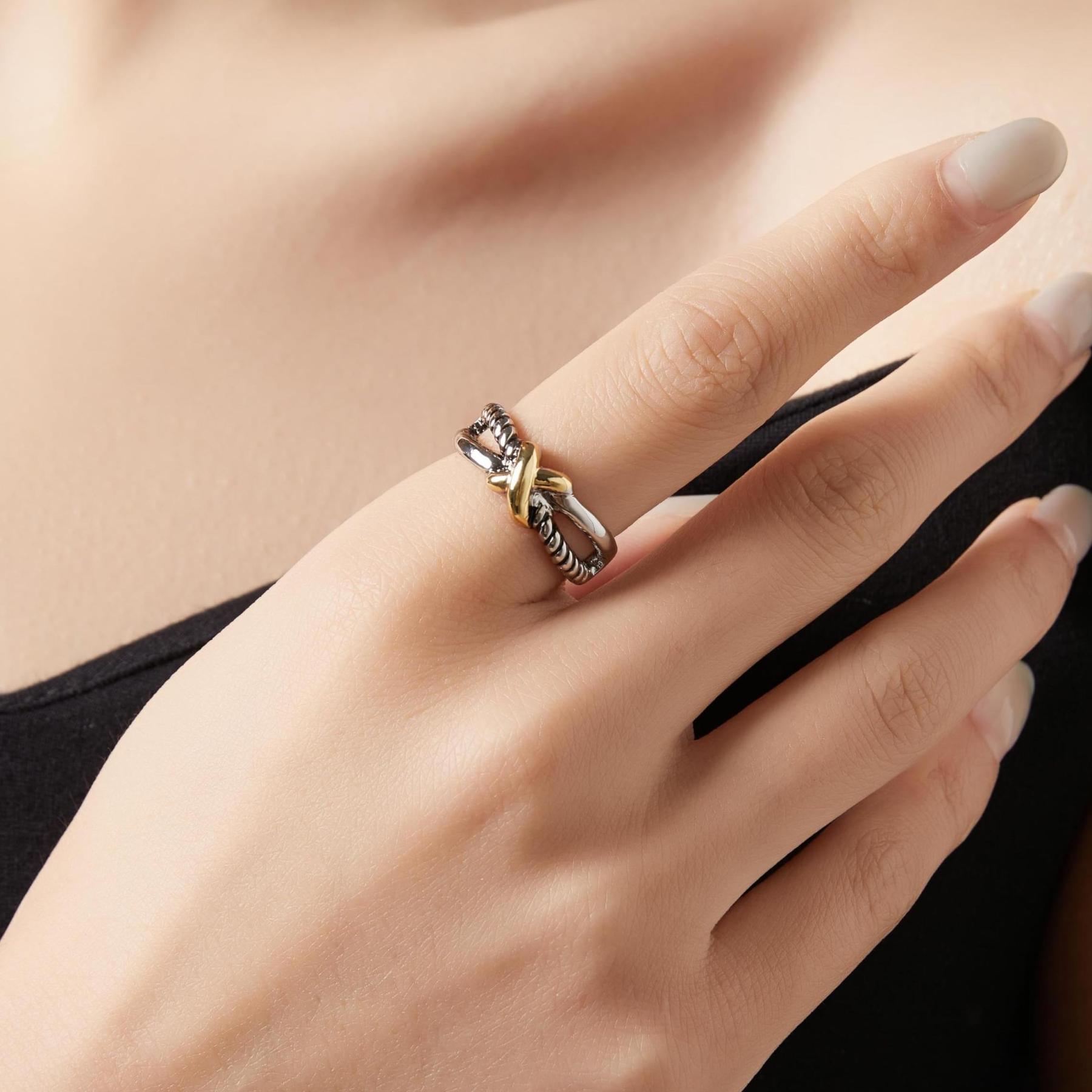 Women's X Two-tone Cross Braided Geometric Hypoallergenic Ring for Daily Wear