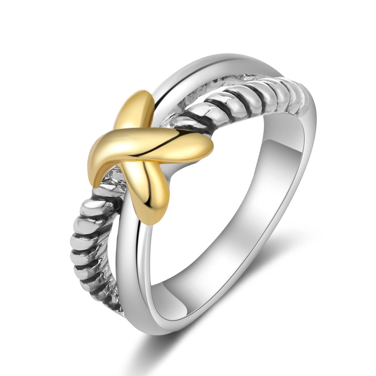 Women's X Two-tone Cross Braided Geometric Hypoallergenic Ring for Daily Wear
