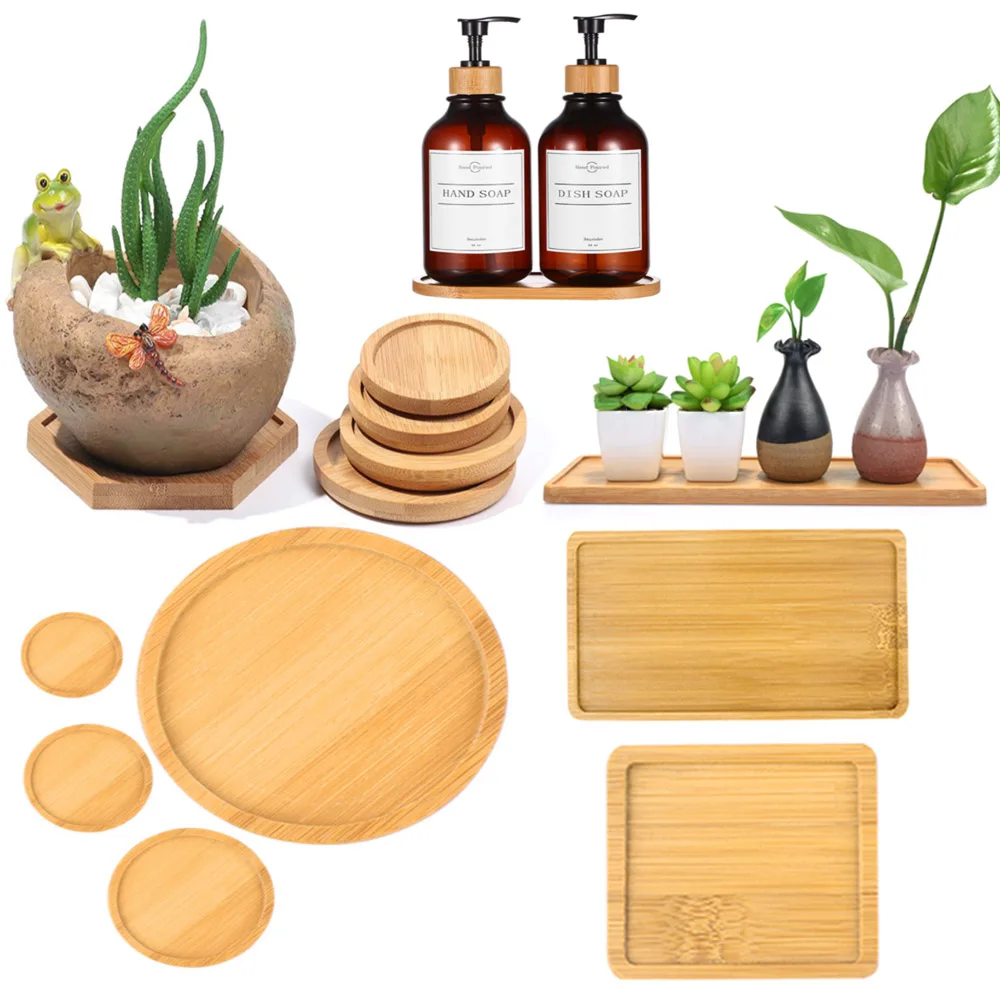 Tablett Bambus Holz Blumentöpfe Anti-Fade Runde Platz Kreative Pflanzer Halter Home Decor Mini Stand Favor Sukkulenten Garten Versorgung