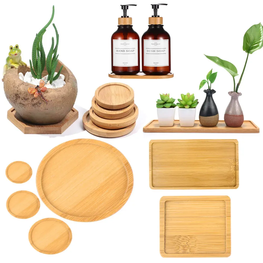 Tablett Bambus Holz Blumentöpfe Anti-Fade Runde Platz Kreative Pflanzer Halter Home Decor Mini Stand Favor Sukkulenten Garten Versorgung