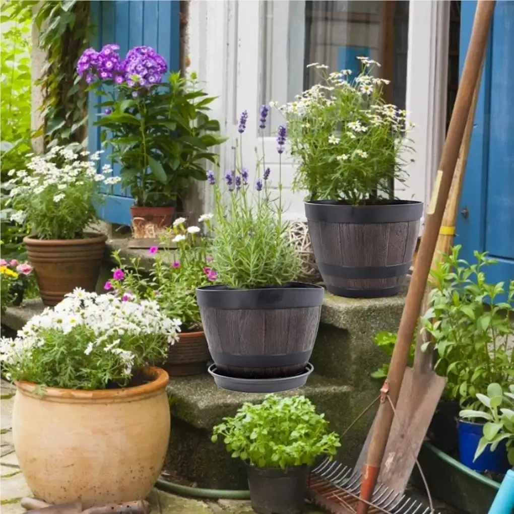 Simulation Holz Fässer 9 Zoll Harz Blumentopf Vintage Style Eimer Form Pflanzer Haus Dekoration im Freien Terrasse Bauernhaus