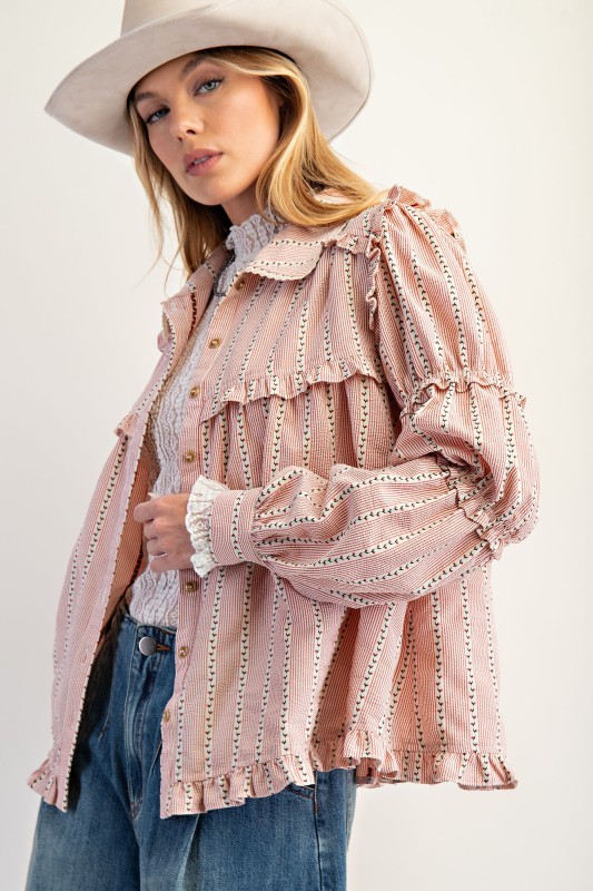 New Autumn Women's Fashion Lace Long Sleeve Striped Shirt Jacket-Pre-sale