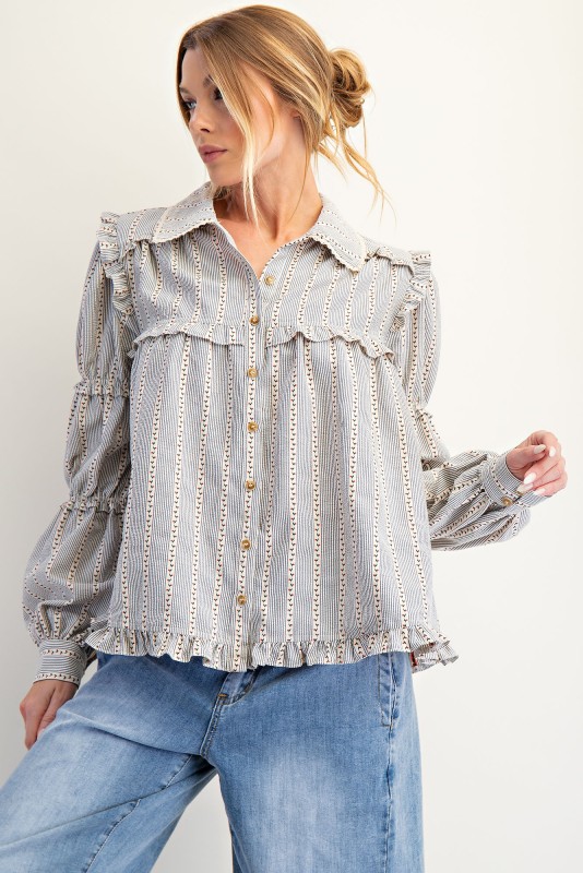 New Autumn Women's Fashion Lace Long Sleeve Striped Shirt Jacket-Pre-sale