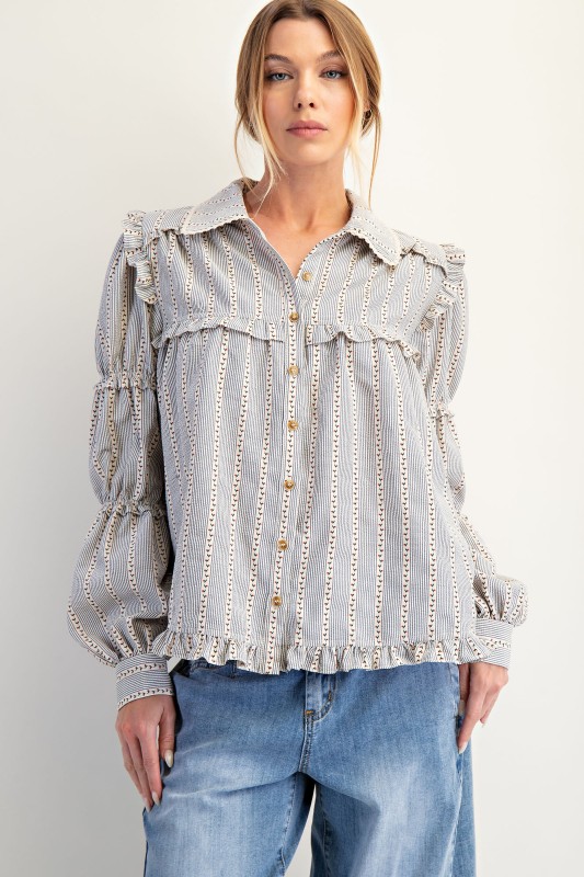 New Autumn Women's Fashion Lace Long Sleeve Striped Shirt Jacket-Pre-sale