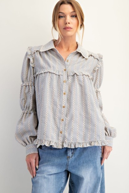 New Autumn Women's Fashion Lace Long Sleeve Striped Shirt Jacket-Pre-sale