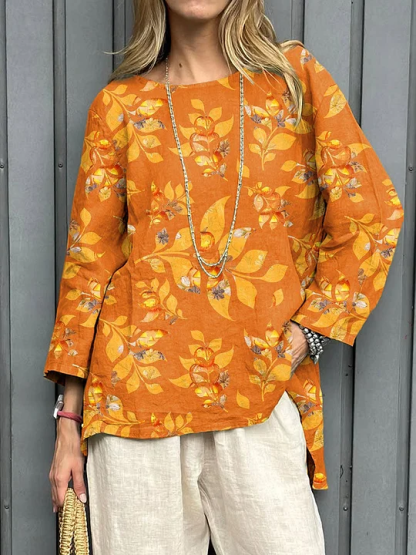 2025 New Women's Cotton-Linen Printed Loose Vintage Long-Sleeve Top