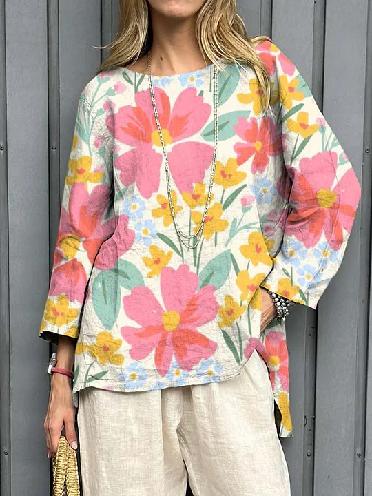2025 New Women's Cotton-Linen Printed Loose Vintage Long-Sleeve Top