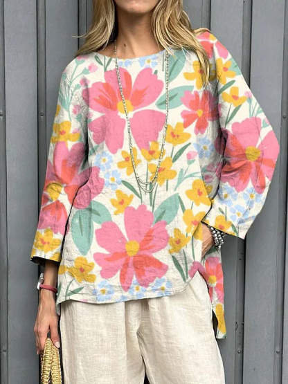 2025 New Women's Cotton-Linen Printed Loose Vintage Long-Sleeve Top