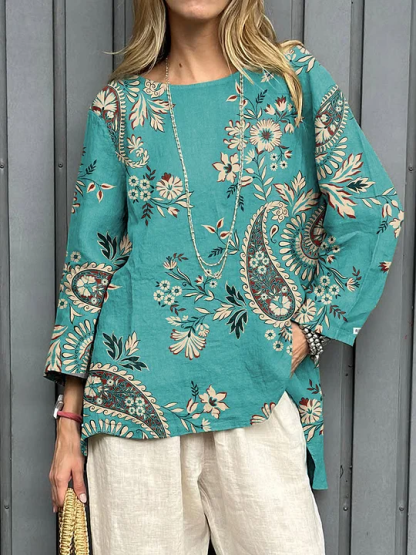 2025 New Women's Cotton-Linen Printed Loose Vintage Long-Sleeve Top