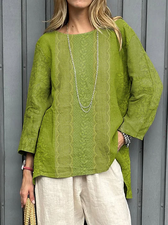 2025 New Women's Cotton-Linen Printed Loose Vintage Long-Sleeve Top