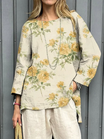 2025 New Women's Cotton-Linen Printed Loose Vintage Long-Sleeve Top