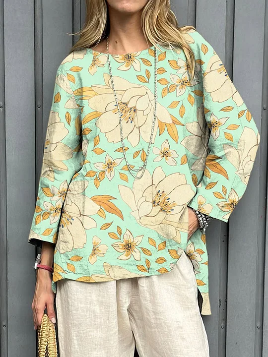 2025 New Women's Cotton-Linen Printed Loose Vintage Long-Sleeve Top