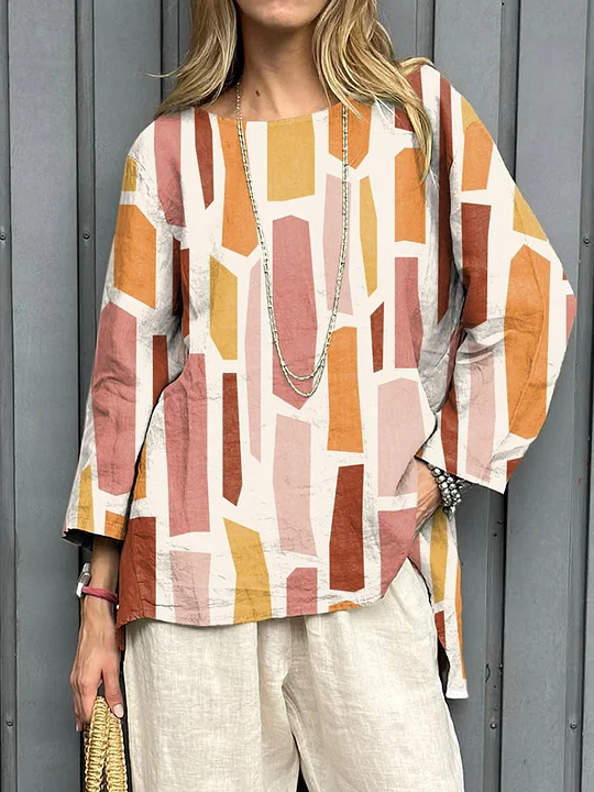 2025 New Women's Cotton-Linen Printed Loose Vintage Long-Sleeve Top