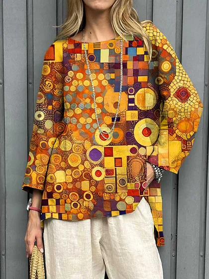 2025 New Women's Cotton-Linen Printed Loose Vintage Long-Sleeve Top