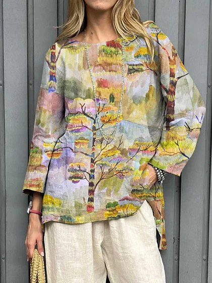 2025 New Women's Cotton-Linen Printed Loose Vintage Long-Sleeve Top