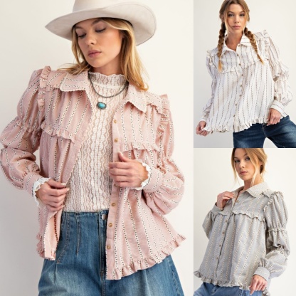 New Autumn Women's Fashion Lace Long Sleeve Striped Shirt Jacket-Pre-sale