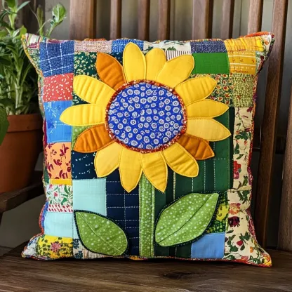 Vibrant Sunflower Patchwork Quilted Pillow