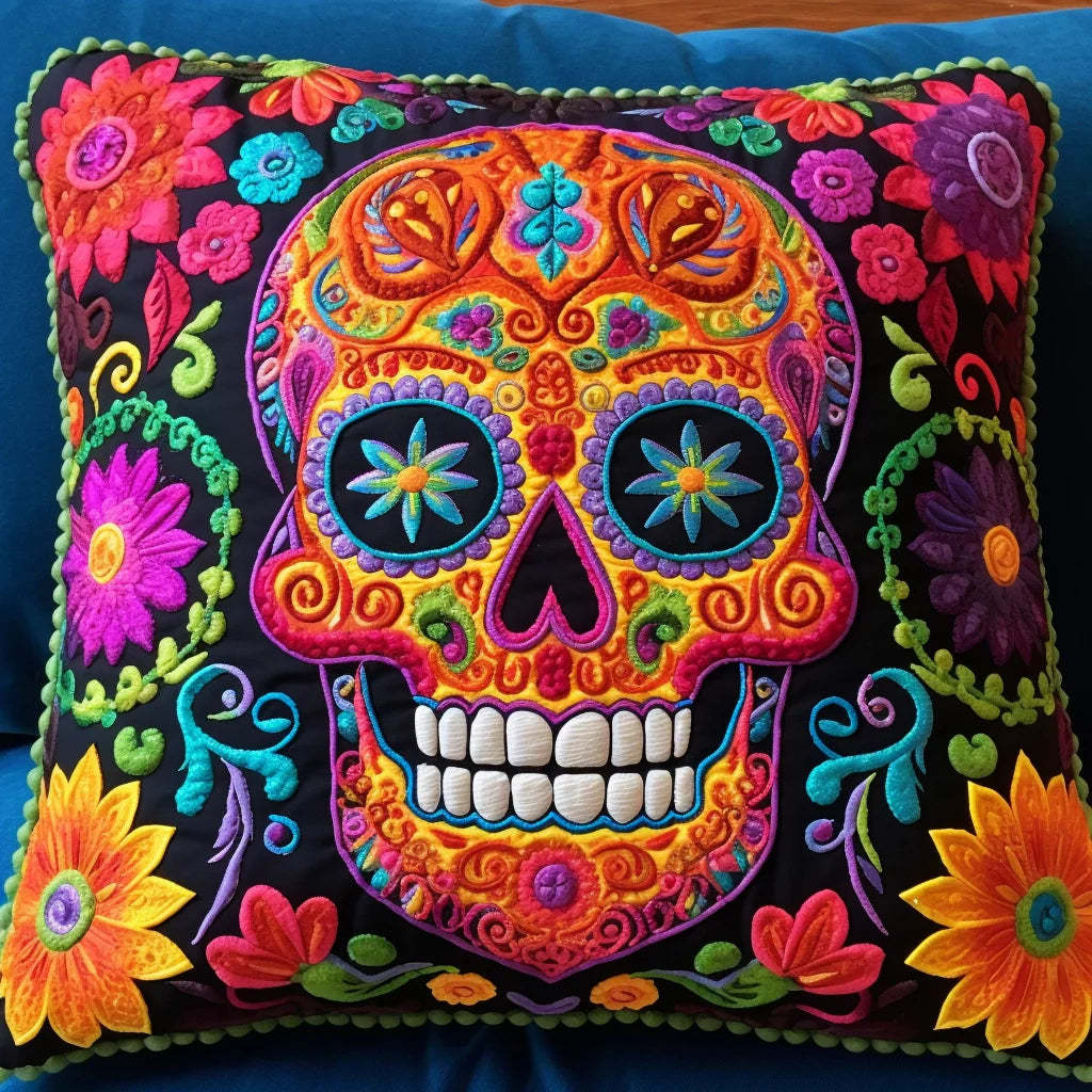 Sugar Skull Quilted Pillow