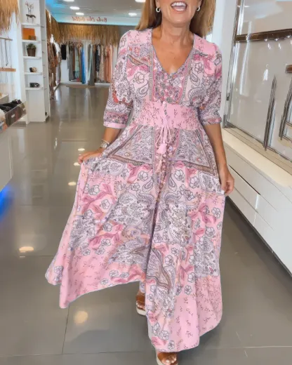 Women's Elegant New Floral V-Neck Slimming Waist Maxi Dress