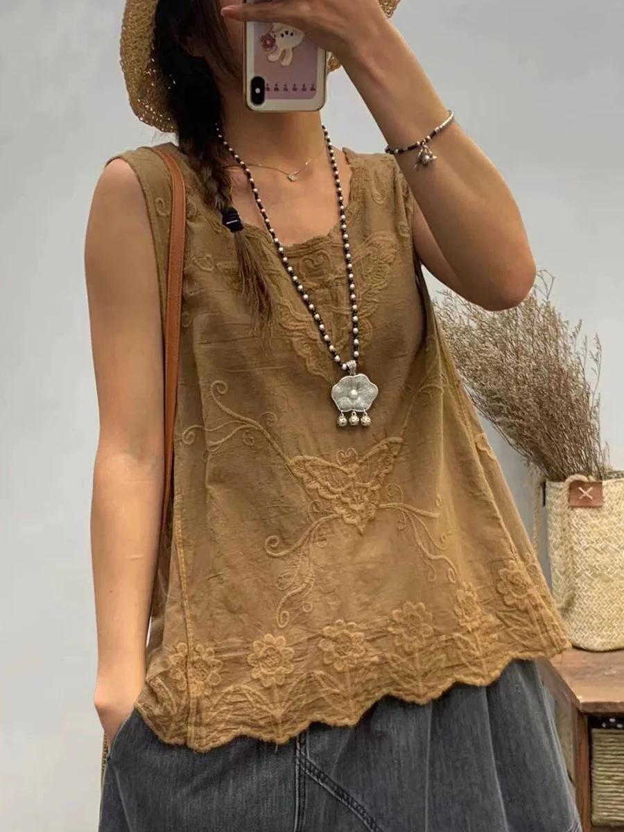 Women's Round Neck Sleeveless Casual Cotton And Linen Embroidered Top