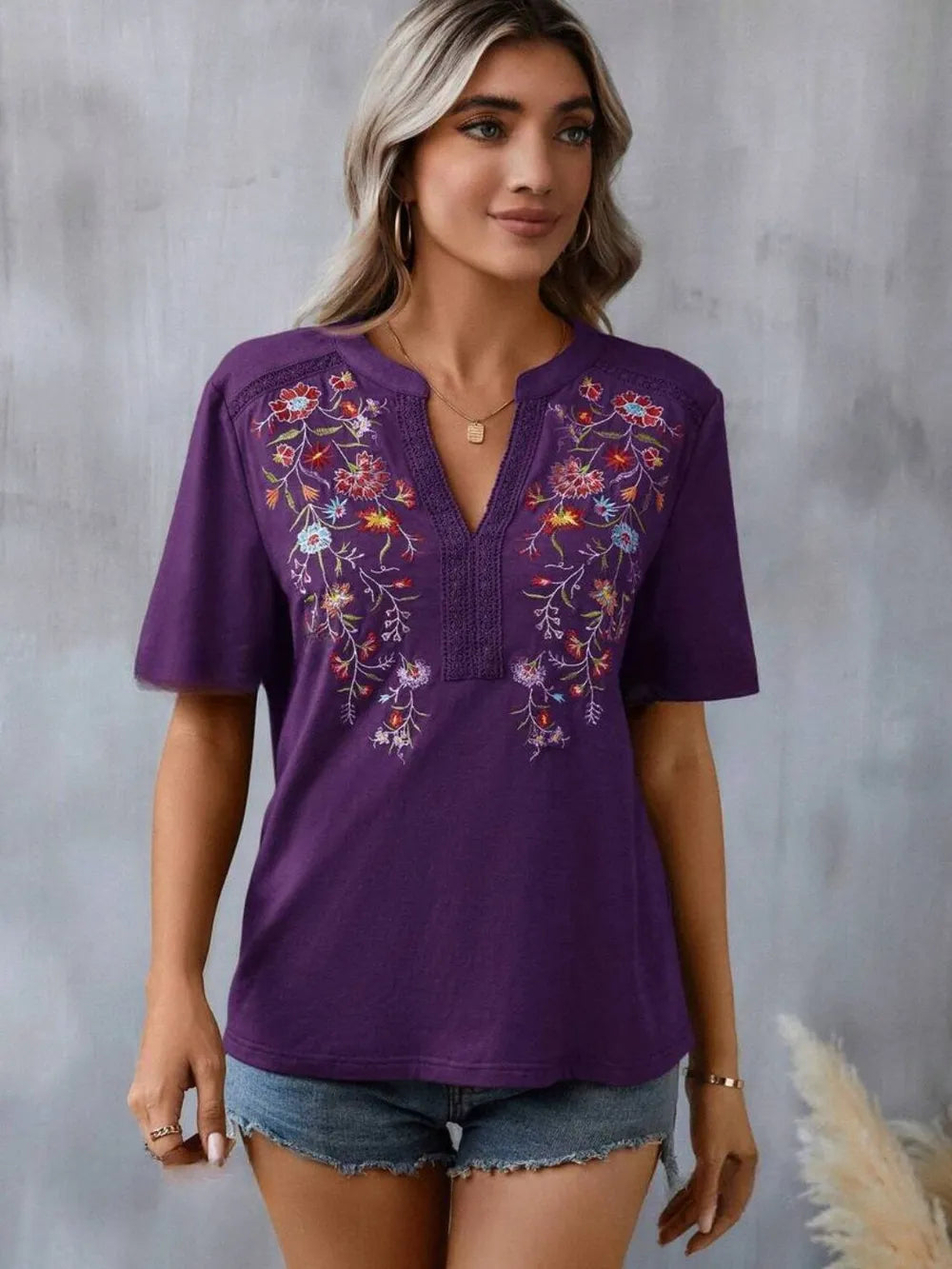 Hazel Blues® |  Embroidered Notched Short Sleeve T-Shirt