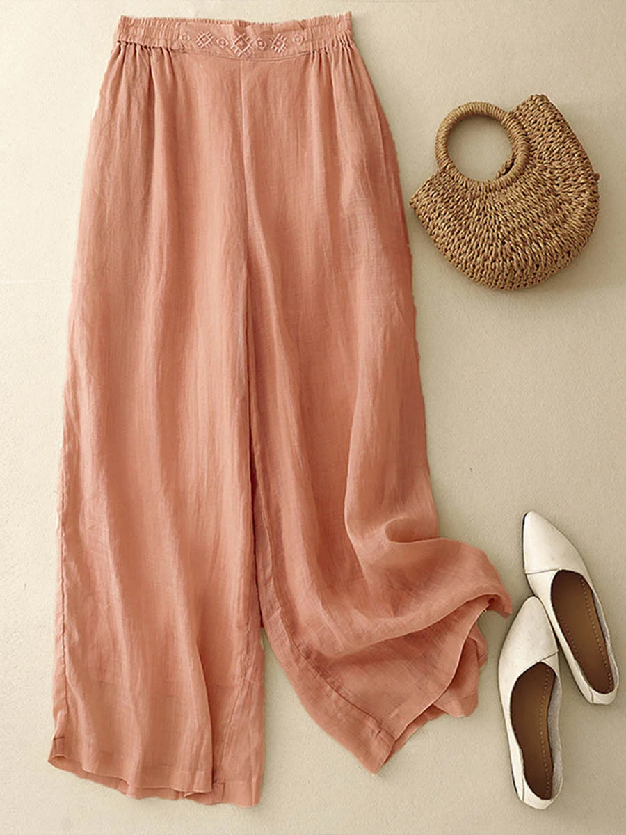 Women's Solid Color Elastic Waist Loose Casual Cotton and Linen Wide Leg Pants