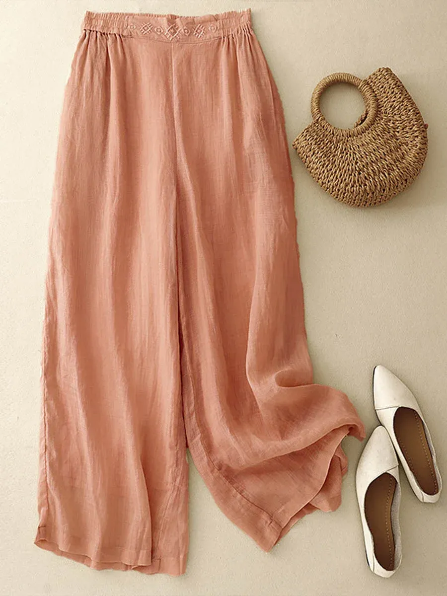 Women's Solid Color Elastic Waist Loose Casual Cotton and Linen Wide L