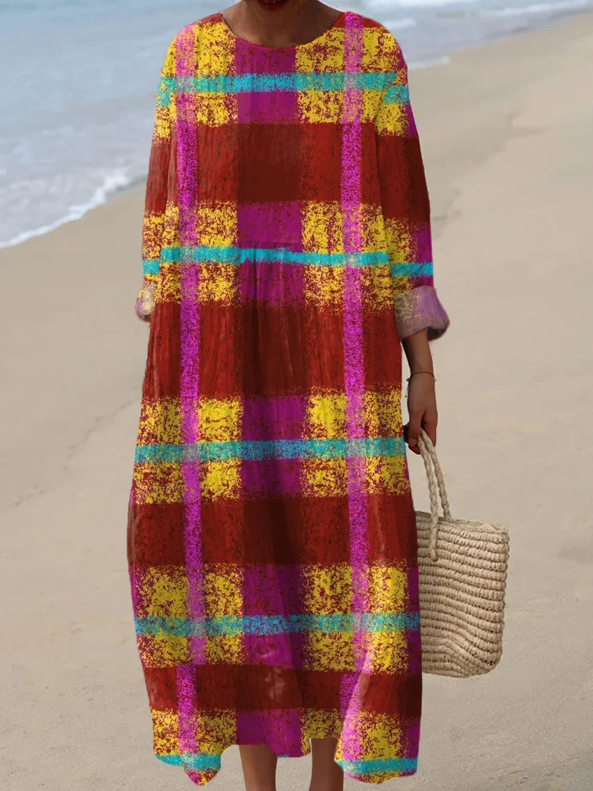 Women's Vintage Plaid Abstract Art Print Casual Dress