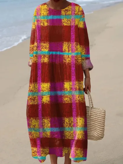 Women's Vintage Plaid Abstract Art Print Casual Dress