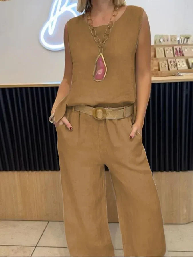 Women's Casual Solid Color Round Neck Vest Trousers Cotton and Linen Two-piece Set