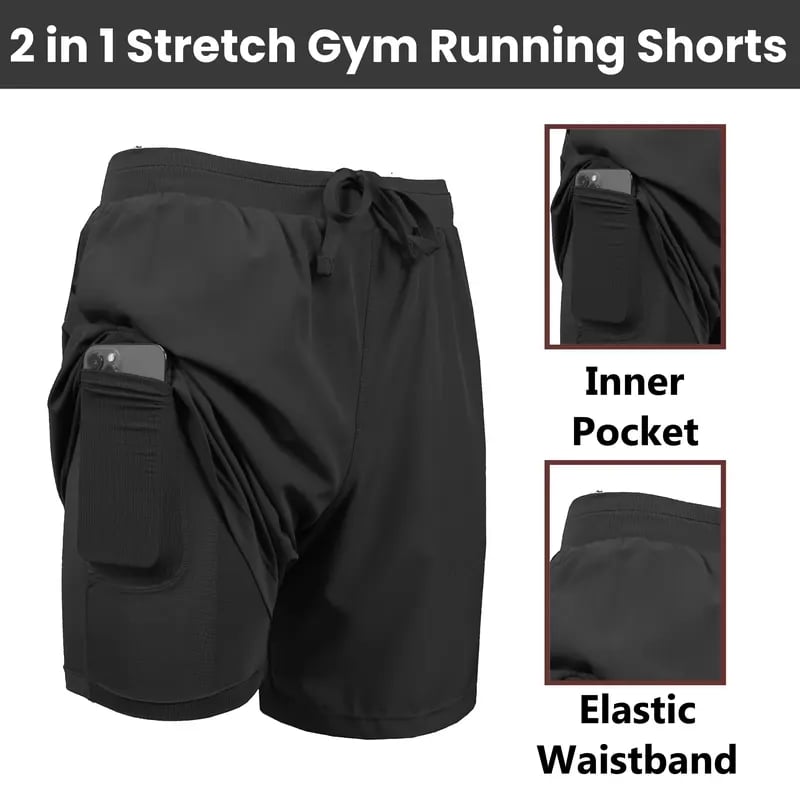 3-Pack Men's 2 in 1 Stretch Active Quick Dry Gym Running Shorts With Liner