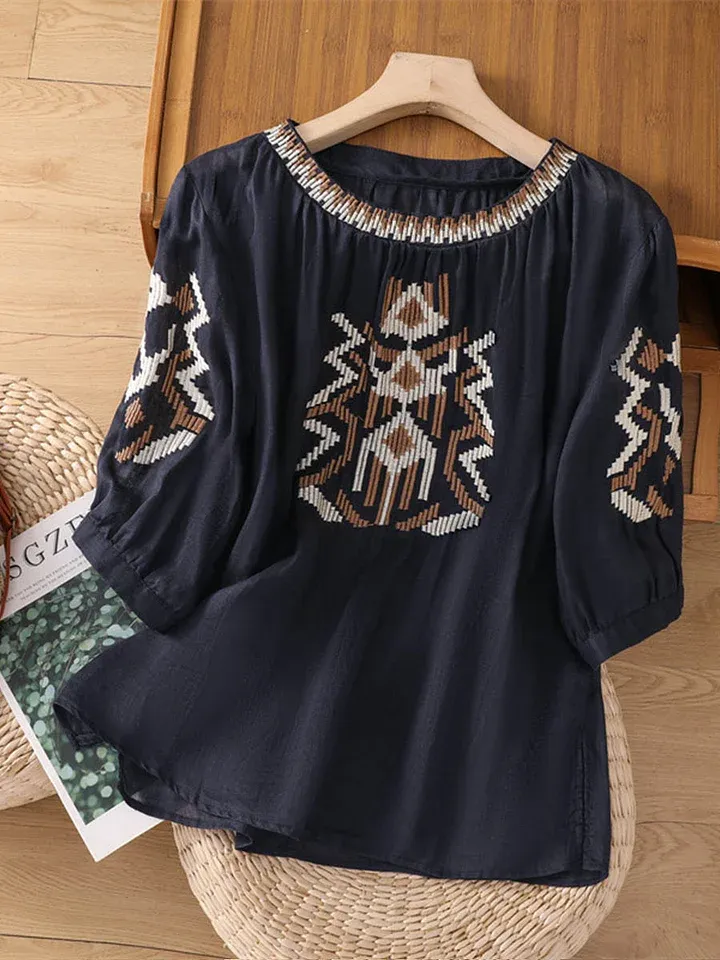 Women's Retro Round Neck 3/4 Sleeves Heavy Embroidery Casual Cotton and Linen Tops