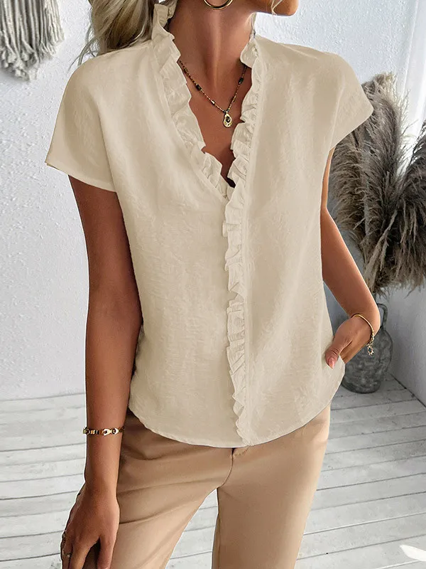 Ruffle Trim Solid Color Loose Short Sleeves V-Neck Blouses&Shirts Tops