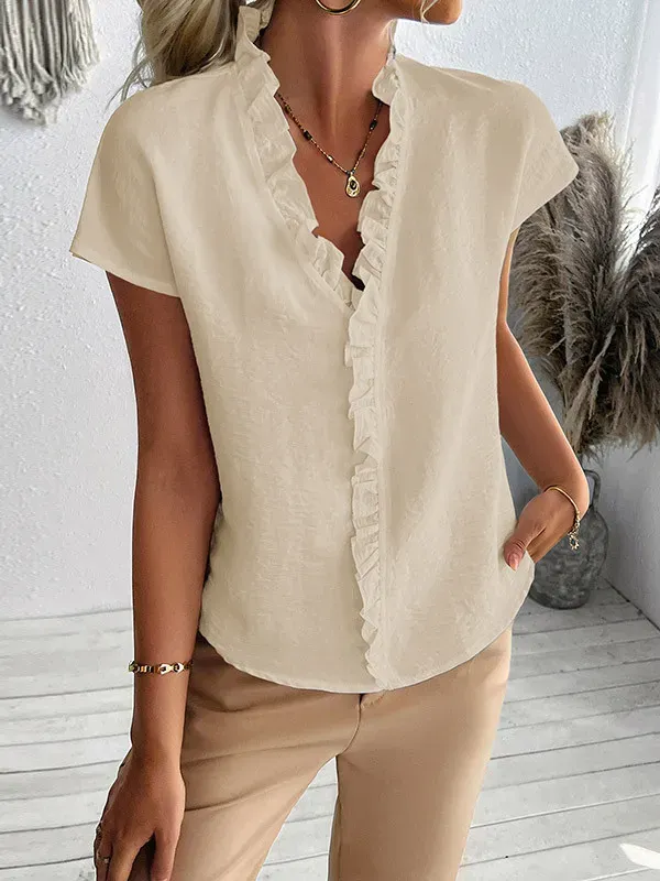 Ruffle Trim Solid Color Loose Short Sleeves V-Neck Blouses&Shirts Tops