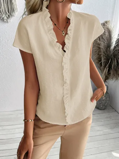 Ruffle Trim Solid Color Loose Short Sleeves V-Neck Blouses&Shirts Tops